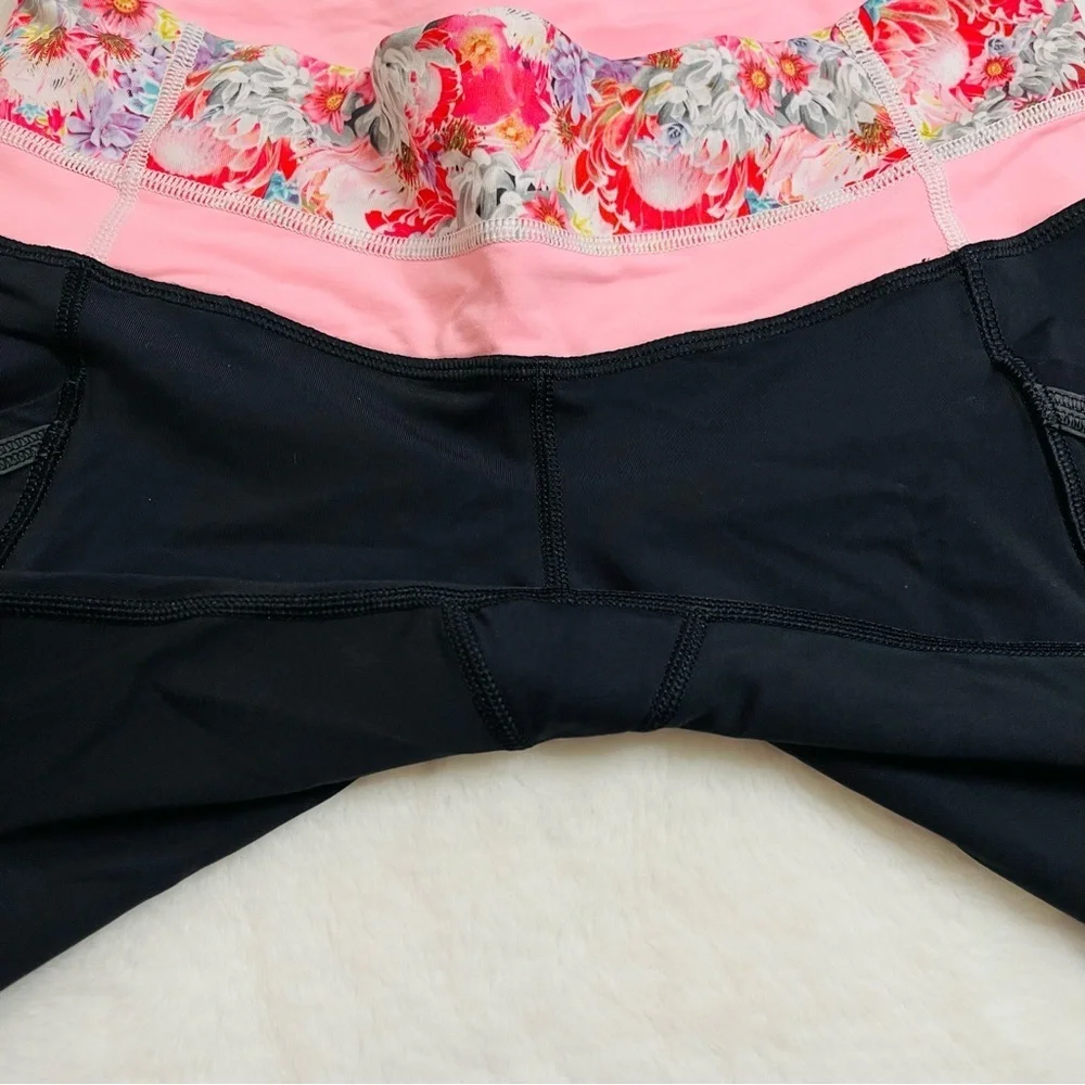 lululemon Cropped Black and Pink Floral Waistband Leggings